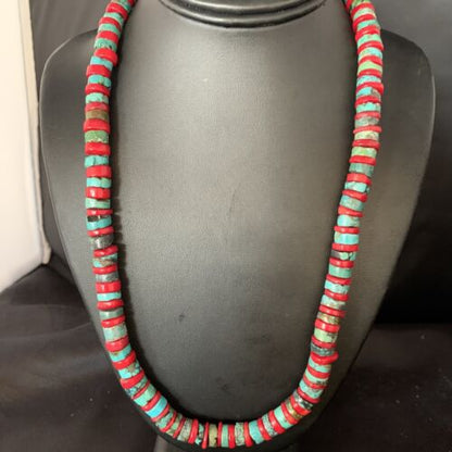 Southwestern Men's Heishi Turquoise Coral Necklace | Sterling Silver | Authentic Native American Handmade | 23" | 13927