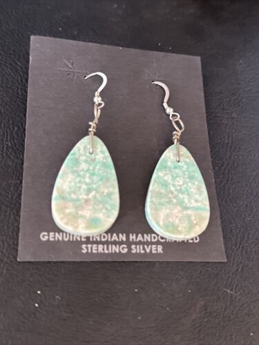 Southwestern Navajo Slab Turquoise Dangle Earrings | Sterling Silver | Authentic Native American Handmade | 01354