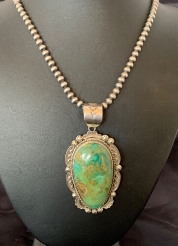 Navajo Green Royston Turquoise Pendant Necklace | Sterling Silver | Authentic Native American Handmade | 10238