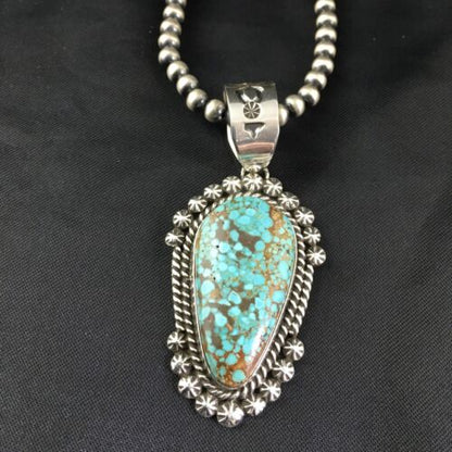 Navajo Pearls Sterling Silver Necklace with Blue #8 Turquoise Pendant | 2.7" | Authentic Native American Handmade | 10151