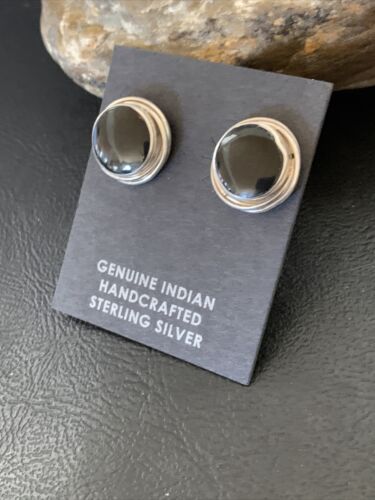 Navajo Black Onyx Stud Post Earrings | Sterling Silver | 0.5" | Authentic Native American Handmade | 12642