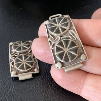 Authentic Native American Navajo Sterling Silver Watch Tips | Vintage Old Pawn Wagon Wheel Design | 12932