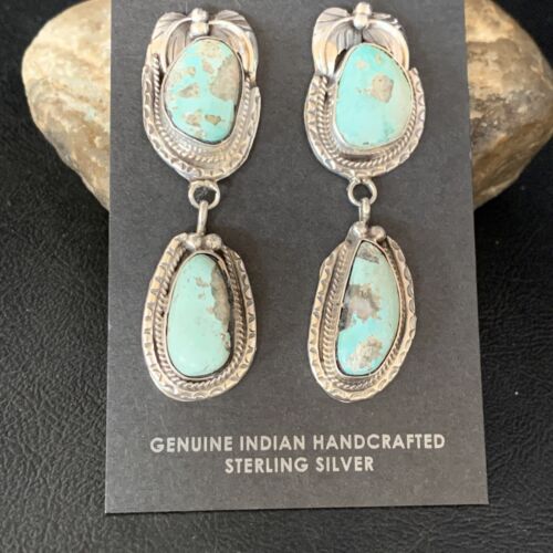 Navajo Blue Dry Creek Turquoise Post Dangle Earrings | Sterling Silver | Authentic Native American Handmade | 13880