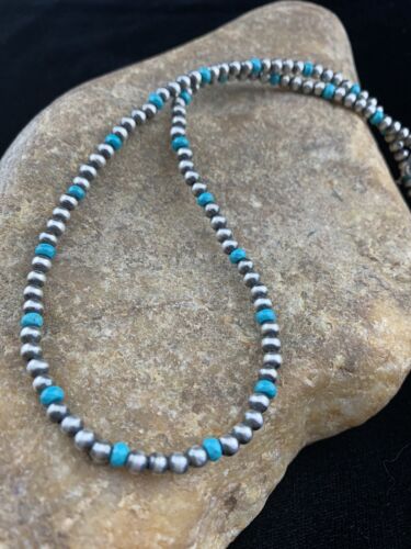Native er Navajo Pearls 4mm Sterling Silver Blue Turquoise Bead Necklace 21”