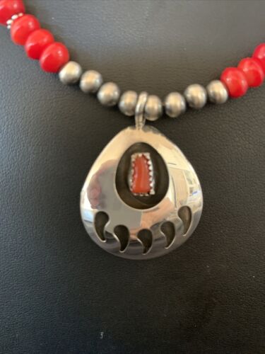 Navajo Bear Paw Red Coral Pendant Necklace | Sterling Silver | Authentic Native American Handmade | 11695