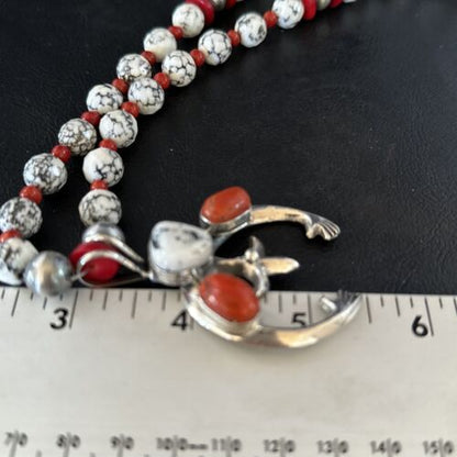 Navajo White Buffalo Turquoise Coral Naja Pendant Necklace | Sterling Silver | 22" | 14690