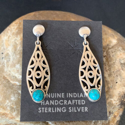 Navajo Blue Turquoise Dangle Post Earrings | Sterling Silver | 1" | Authentic Native American Handmade | 12759