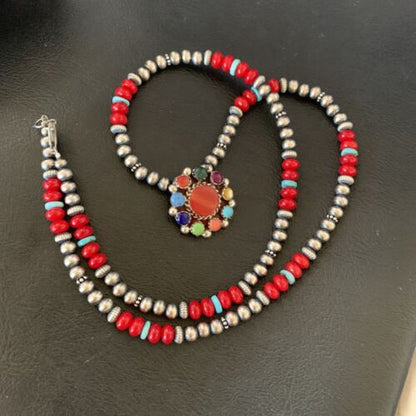Southwestern Navajo Multi-Stone Necklace | Sterling Silver Coral & Turquoise Pendant | 21" | 12580