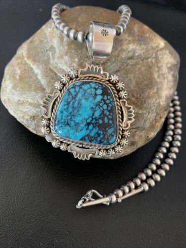 Navajo Blue Spiderweb Turquoise Pendant | Sterling Silver | Authentic Native American Handmade | 10232