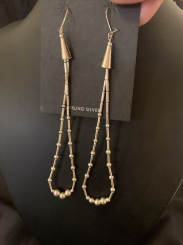 Navajo XL Liquid Heishi Sterling Silver Pearls Beads Earrings | 4" | Authentic Native American Handmade | 13034