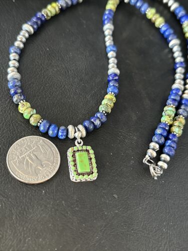 Navajo Green Turquoise and Lapis Pendant Necklace | Sterling Silver | Authentic Native American Handmade | 14634