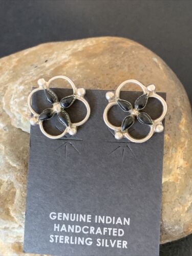 Navajo Black Onyx Stud Post Earrings | Sterling Silver | 0.5" | Authentic Native American Handmade | 12644
