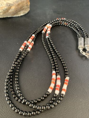 Native American 3-Strand Mother of Pearl Spiny Oyster Onyx Necklace | Sterling Silver | 13909