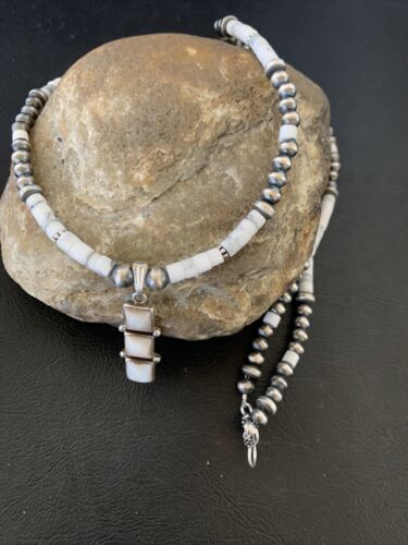 Navajo White Buffalo Turquoise Pendant Set | Sterling Silver | Authentic Native American Handmade | 12246