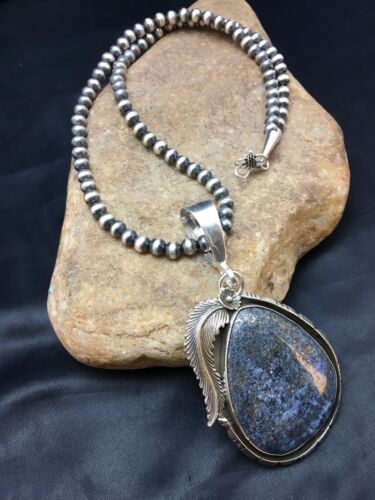 Men's Lapis Pendant | Sterling Silver Navajo Pearls Necklace | Authentic Native American Handmade | 1752