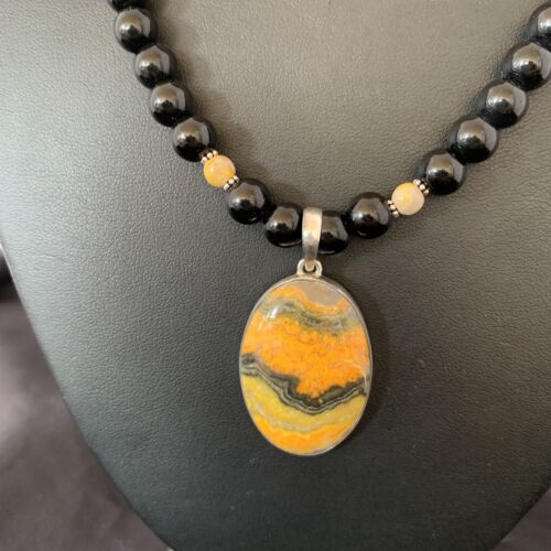 Men's Navajo Pearls Onyx Bumblebee Jasper Pendant Necklace | Sterling Silver | Native American Handmade | 10324