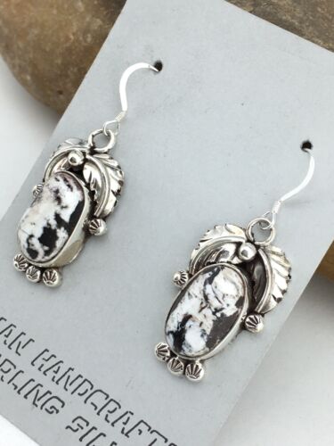 Navajo White Buffalo Turquoise Dangle Earrings | Sterling Silver | 1.25" | Authentic Native American Handmade | 1325