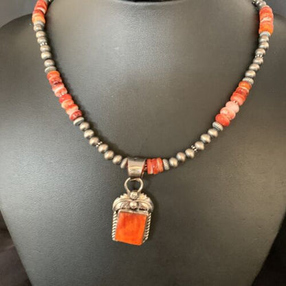 Navajo Pearls Red Spiny Oyster Pendant Necklace | Sterling Silver | 20" | Authentic Native American Handmade | 13654