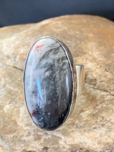 Southwestern Navajo Cinnabrite Ring | White Black | Sterling Silver | Sz 7.5 | 01561
