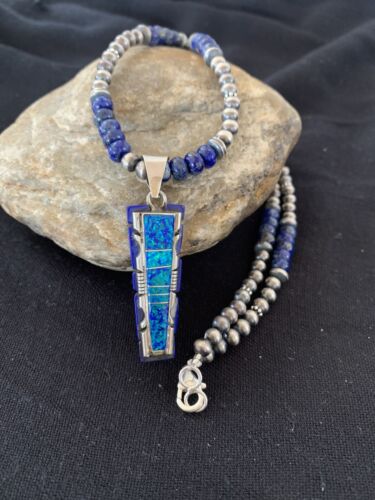 Navajo Purple Opal Lapis Necklace Pendant Set | Sterling Silver Inlay | Authentic Native American Handmade | 00594