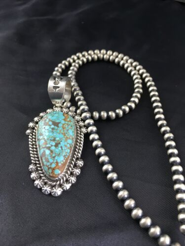 Navajo Pearls Sterling Silver Necklace with Blue #8 Turquoise Pendant | 2.7" | Authentic Native American Handmade | 10151