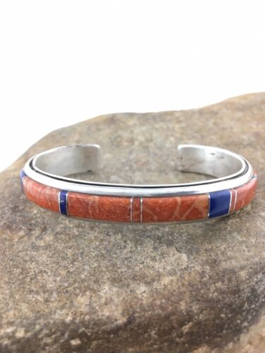 Native American Spiny Oyster & Lapis Inlay Bracelet | Navajo Sterling Silver | 4544