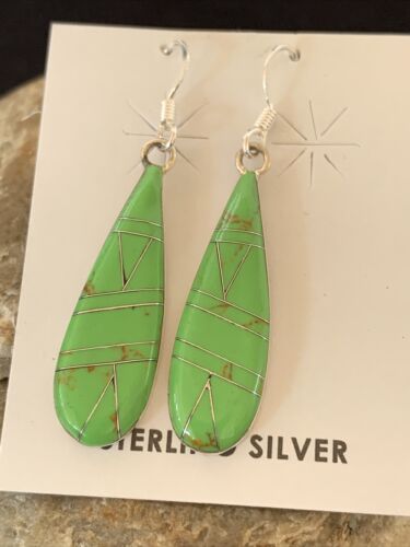 Southwestern Navajo Green Gaspeite Inlay Earrings | Sterling Silver | 1.5" | 977
