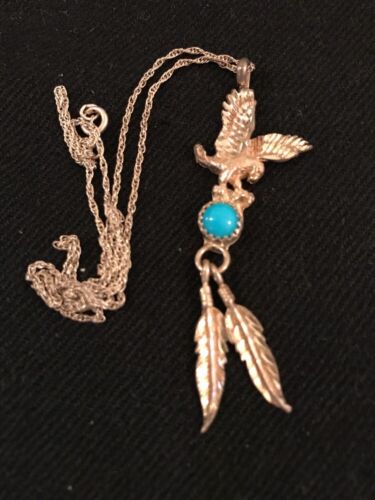 Sterling Silver Navajo Eagle Turquoise Feather Necklace Pendant 2.5" | Southwestern 17.5" | 3257