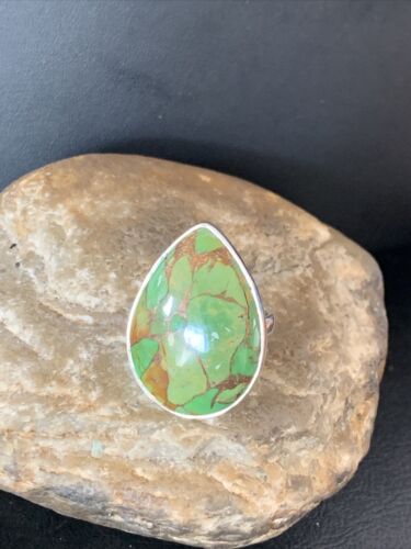 Adjustable Navajo Green Mojave Turquoise Ring | Sterling Silver | Sz 8 | 11787