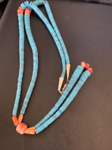 Southwestern Santo Domingo Pink Coral Blue Turquoise Jacla Necklace | 30" | Authentic Native American Handmade | 12518