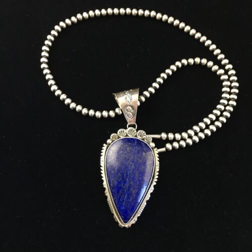 Native American Men's Navajo Pearls Necklace Pendant | Sterling Silver | Blue Lapis | 10081