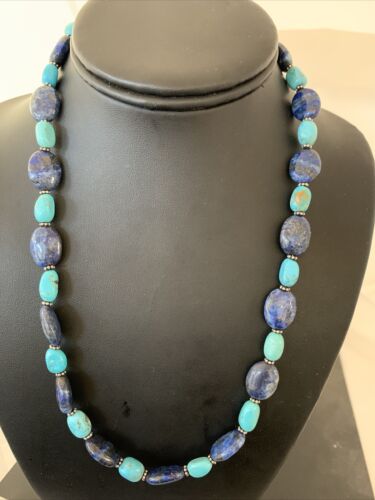 Navajo Denim Lapis & Turquoise Beads Necklace | Sterling Silver | Authentic Native American Handmade | 20" | 01038