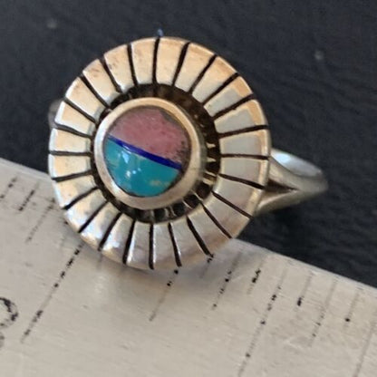 Navajo Blue Turquoise Coral Inlay Ring | Sz 7.5 | Authentic Native American Handmade | 11204