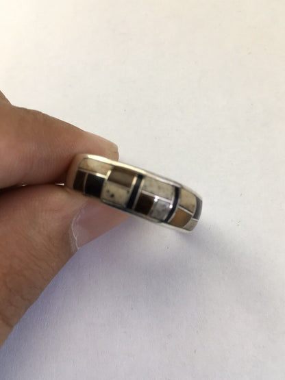 Navajo Sterling Silver Onyx, Coffee Tiger's Eye & Jasper Inlay Ring | Sz 14 | Authentic Native American Handmade | 1709