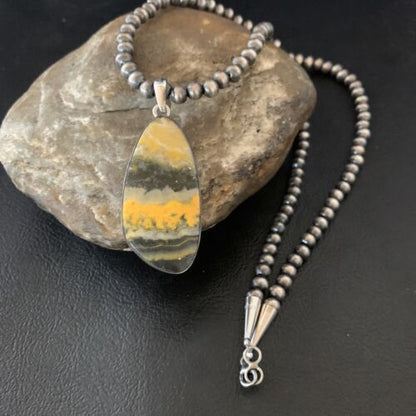 Navajo Yellow Bumblebee Jasper Pendant Necklace | Sterling Silver | Authentic Native American Handmade | 12808