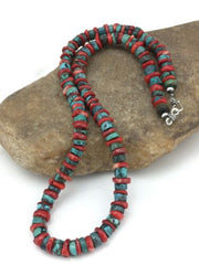 Navajo Sterling Silver Heishi Green Turquoise Coral Necklace | 20" | 1266