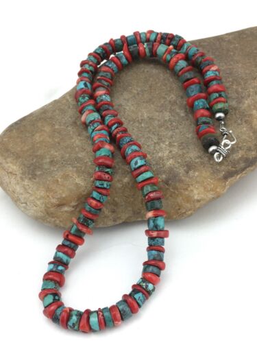 Native Navajo Sterling Silver Heishi Green Turquoise Coral Necklace 20"
