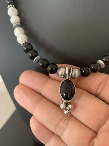 Navajo Black Onyx & White Buffalo Pendant Necklace | Sterling Silver | Authentic Native American Handmade | 01099