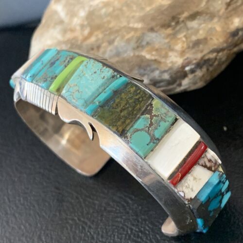 Men's Navajo Turquoise Spiny Coral Inlay Bracelet | Sterling Silver | Authentic Native American Handmade | 12693