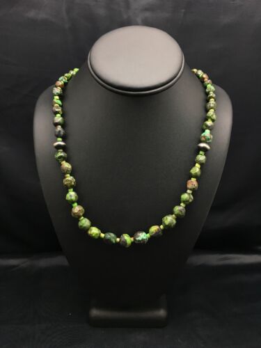 Navajo Green Nugget Graduated Turquoise Necklace | Sterling Silver | Authentic Native American | 24" | 8102