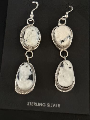 Navajo White Buffalo Turquoise Dangle Earrings | Sterling Silver | 2" | Authentic Native American Handmade | 14712