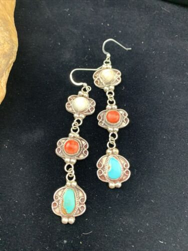 Navajo Spiny, Turquoise & Howlite Dangle Earrings | Sterling Silver | Authentic Native American Handmade | 1614