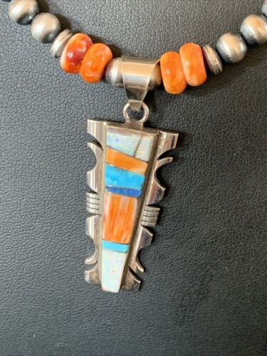 Navajo Turquoise Spiny Oyster Inlay Pendant | Sterling Silver | Authentic Native American Handmade | 11800