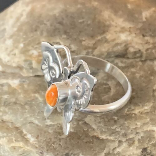 Navajo Orange Spiny Oyster Butterfly Ring | Sterling Silver | Sz Adj 8 | Authentic Native American Handmade | 10344