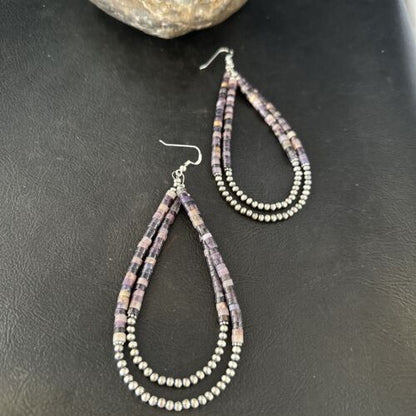 Native American Sugilite Heishi Bead Earrings | Sterling Silver | 4" | 14316