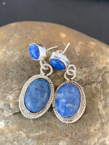 Navajo Denim Lapis Dangle Earrings | Sterling Silver | 1.1" | Authentic Native American Handmade | 1700