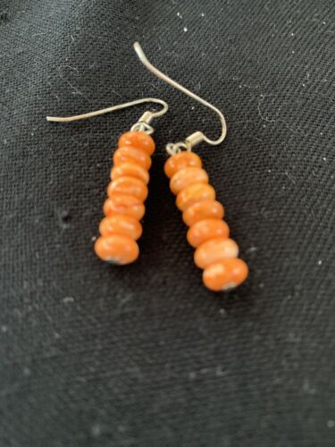 Native American Navajo Orange Spiny Oyster Bead Earrings | Sterling Silver | 13057
