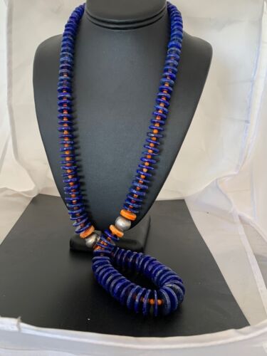 Authentic Native American Navajo Sterling Silver Beads Necklace Set | Lapis & Spiny Oyster| 30" | 11856
