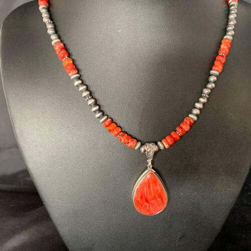 Navajo Red Spiny Oyster Necklace | Sterling Silver Pendant | Authentic Native American Handmade | Men's | 13815