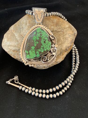Navajo Green Spiderweb Turquoise Pendant Necklace | Sterling Silver | Authentic Native American Handmade | 2983